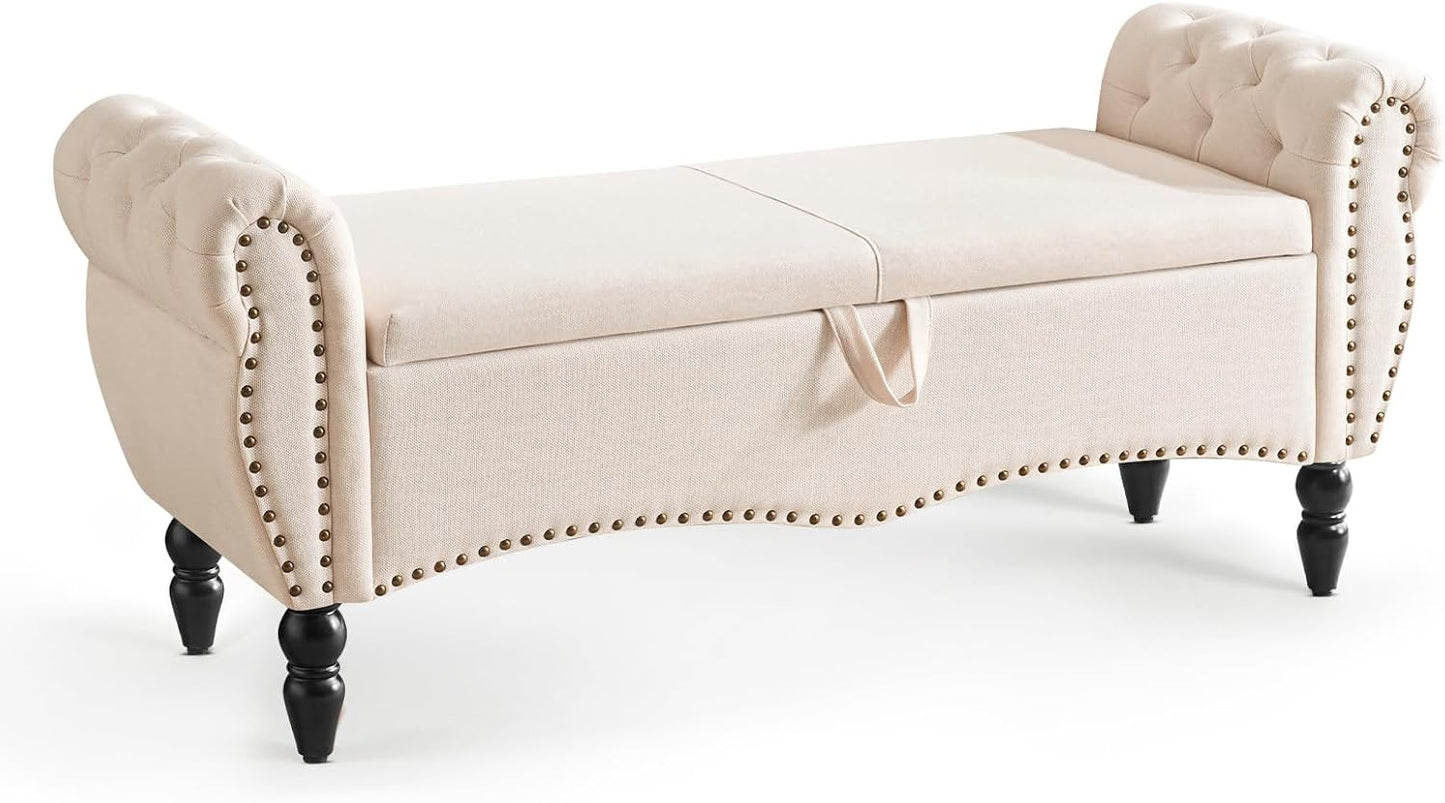 Furniliving Modern Storage Ottoman Bench, Sherpa Ottoman End of Bed Bench with Solid Wood Legs Upholstered Ottoman Benches with Storage Indoor Bench for Living Room with Rolled Arm, Entryway, White