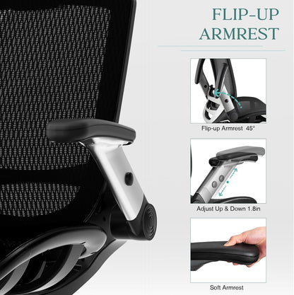 Ergonomic Mesh Office Chair, High Back Desk Chair - Adjustable Headrest with Flip Arm, Tilt Function, Lumbar Support and PU Wheels, Swivel Computer Work Chair