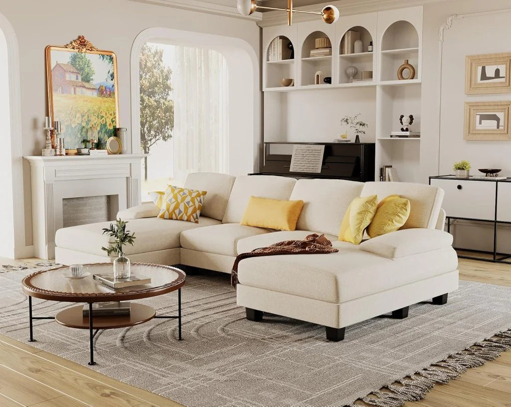 Furmax Sectional Couches for Living Room, U-Shaped Sofa Couch with Linen Fabric, 4 Seat Sofa Set with Double Chaise for Apartment (Fabric, Grey)