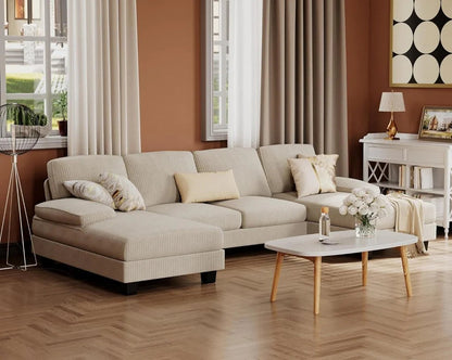 Furmax Sectional Couches for Living Room, U-Shaped Sofa Couch with Linen Fabric, 4 Seat Sofa Set with Double Chaise for Apartment (Fabric, Grey)