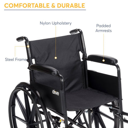 Drive Medical Silver Sport 1 Wheelchair, Full Arms, Swing Away Footrest, Lightweight Steel Frame