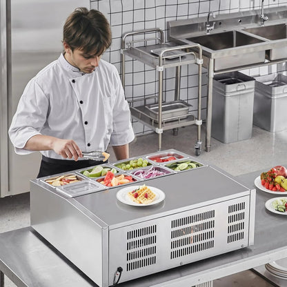Refrigerated Condiment Prep Station, 135 W Countertop Refrigerated Condiment Station, with 2 1/3 Pans & 4 1/6 Pans, 304 Stainless Body and PC Lid, Sandwich Prep Table with Stainless Guard, ETL