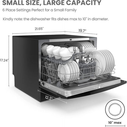 Countertop Dishwasher, Energy Star Portable Dishwasher, 6 Place Settings & 8 Washing Programs, Speed, Baby-Care, ECO& Glass, Dish Washer for Dorm, RV& Apartment, Black