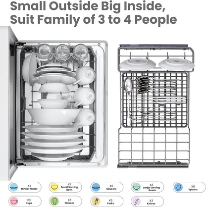 COMFEE' Portable Dishwasher Countertop with 5L Built-in Water Tank, No Hookup Needed, 6 Programs, 360° Dual Spray, 192℉ High-Temp& Air-Dry Function, Mini Dishwasher for RVs, White