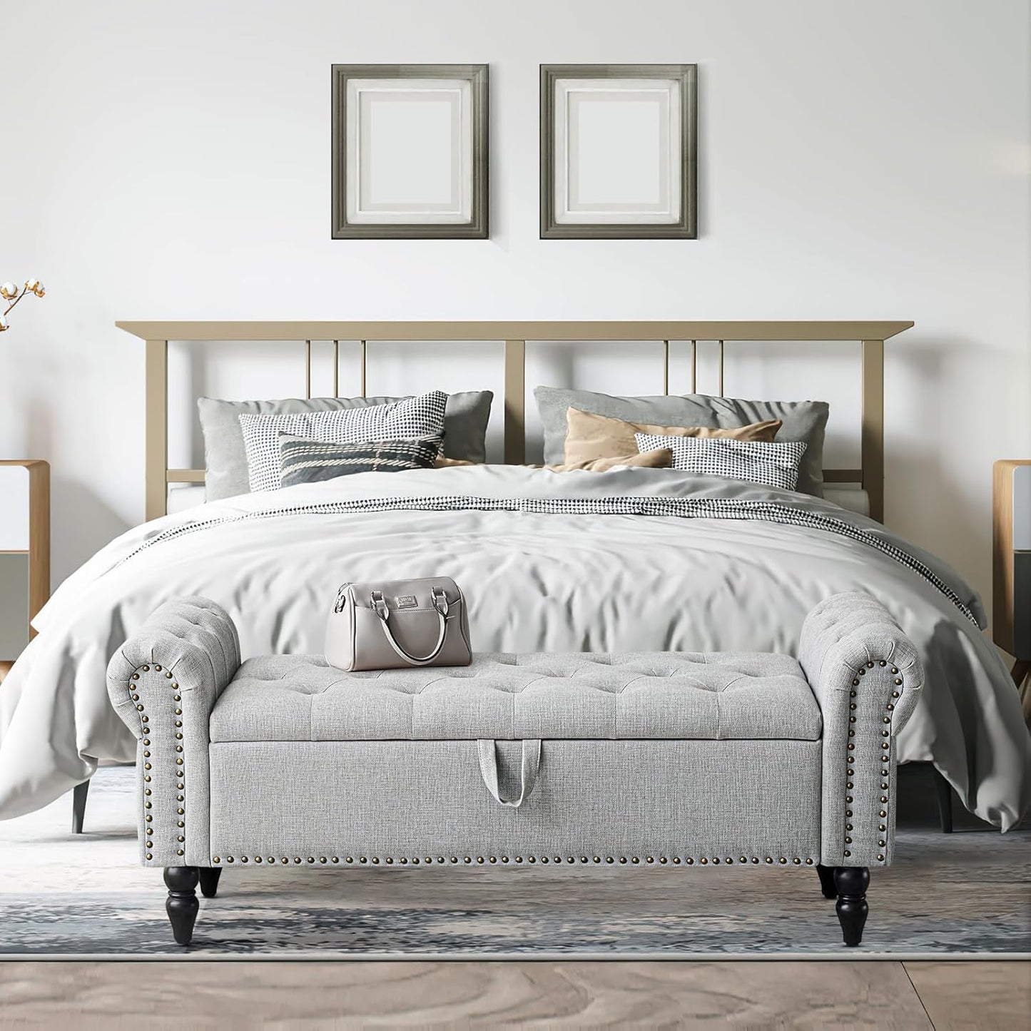 Furniliving Modern Storage Ottoman Bench, Sherpa Ottoman End of Bed Bench with Solid Wood Legs Upholstered Ottoman Benches with Storage Indoor Bench for Living Room with Rolled Arm, Entryway, White